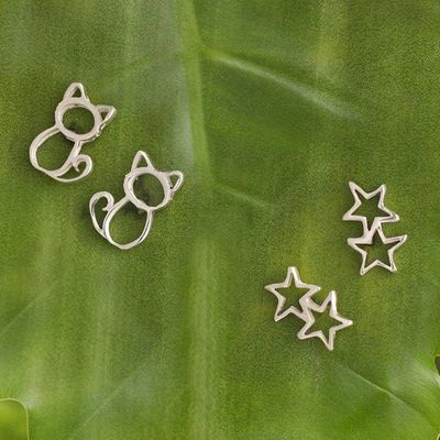 Alternate image for Sterling Silver Stud Earrings with Cats and Stars Pair Cats and Stars