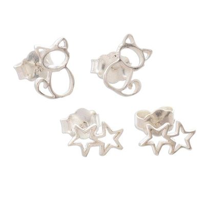 Alternate image for Sterling Silver Stud Earrings with Cats and Stars Pair Cats and Stars