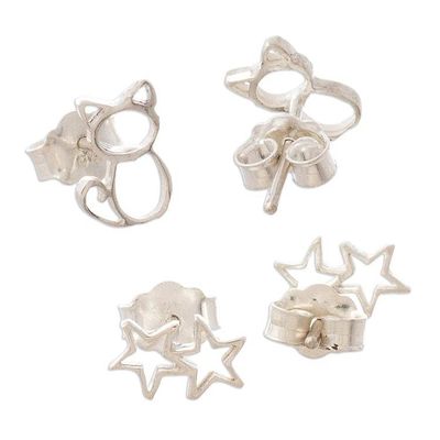 Alternate image for Sterling Silver Stud Earrings with Cats and Stars Pair Cats and Stars