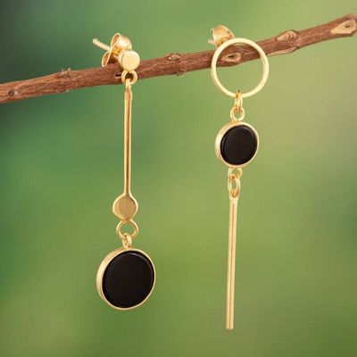 Alternate image for 18k Gold-Plated Modern Dangle Earrings with Onyx Cabochons Golden Modernity