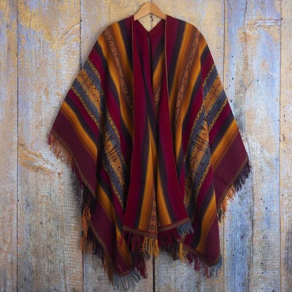 Alternate image for Colorful Backstrap Handwoven Alpaca Ruana Cape Sacred Valley Heritage