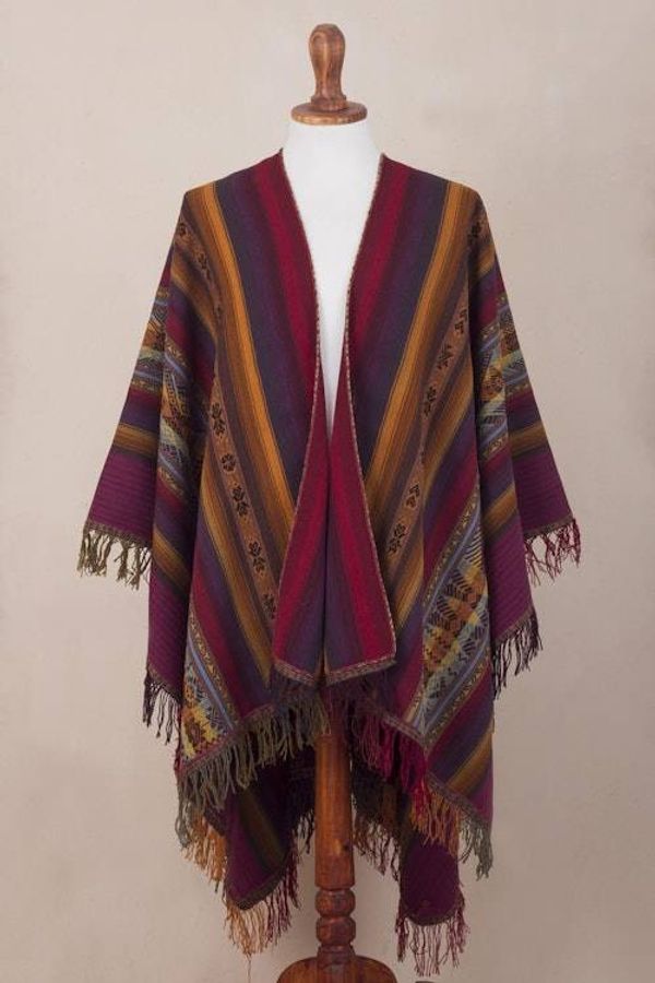 Alternate image for Colorful Backstrap Handwoven Alpaca Ruana Cape Sacred Valley Heritage