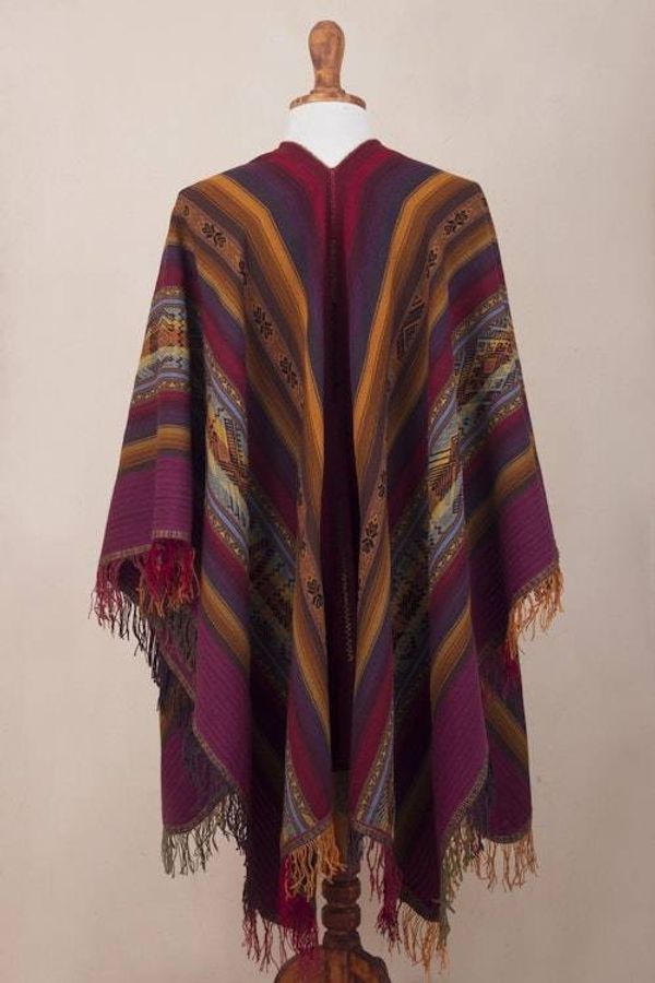 Alternate image for Colorful Backstrap Handwoven Alpaca Ruana Cape Sacred Valley Heritage