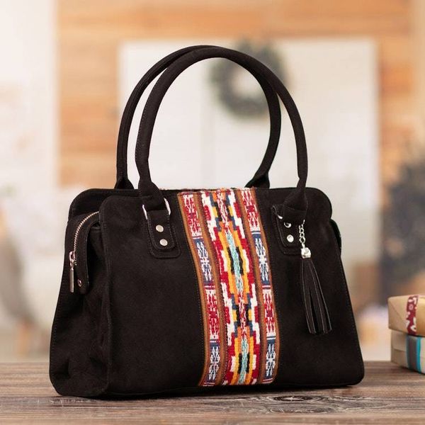 Alternate image for Cotton Handle Bag with Hand-Woven Inca-Themed Wool Accent Midnight Chic