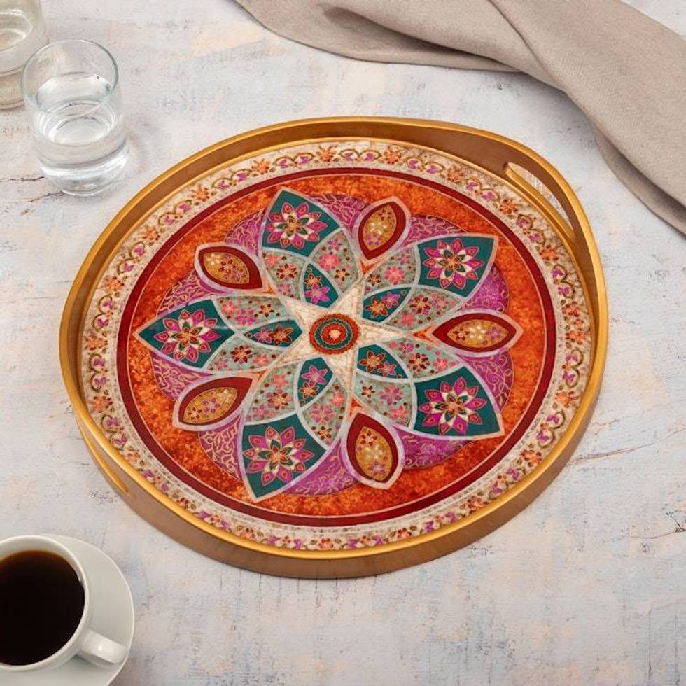 Spring-Themed Reverse-Painted Glass Tray in Red and Pink 'Spring Evening'