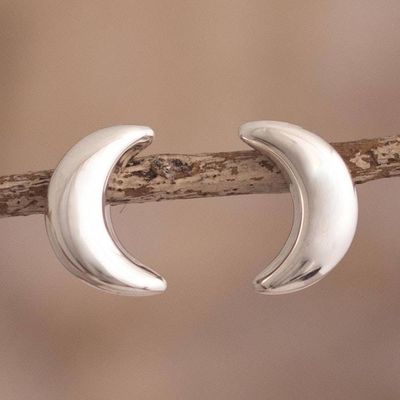 Alternate image for Sterling Silver Button Earrings with Crescent Moon Motif Mirror Image Moons