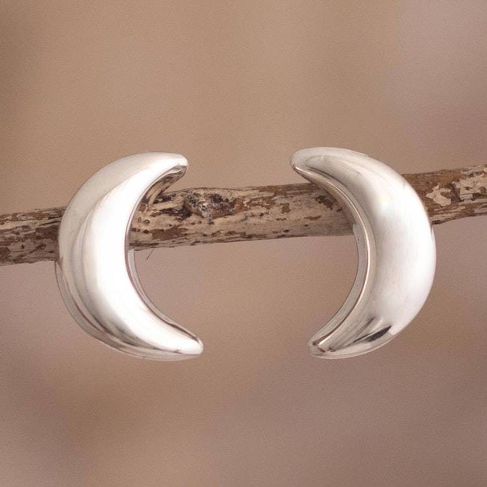 Sterling Silver Button Earrings with Crescent Moon Motif 'Mirror Image Moons'