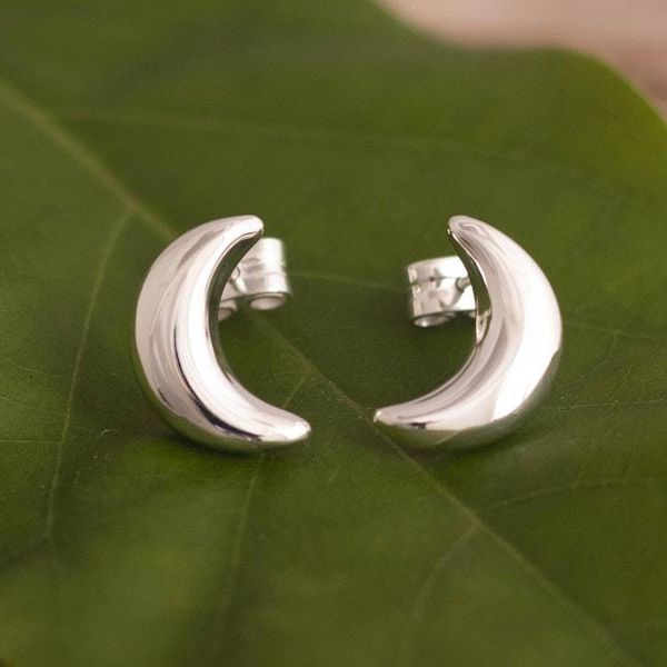 Alternate image for Sterling Silver Button Earrings with Crescent Moon Motif Mirror Image Moons