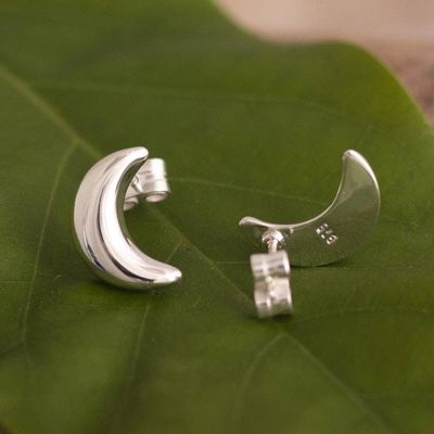Alternate image for Sterling Silver Button Earrings with Crescent Moon Motif Mirror Image Moons