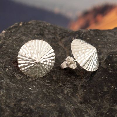 Alternate image for Modern Textured Sterling Silver Button Earrings from Peru Petite Radiance