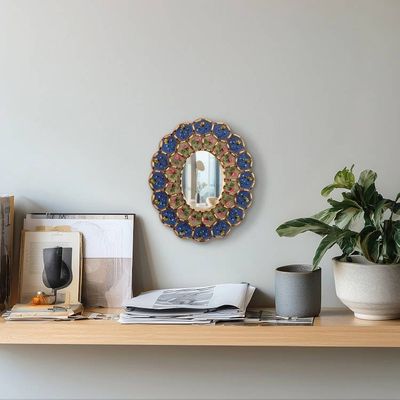 Alternate image for Oval Reverse-Painted Glass Wall Mirror Idyllic Garden in Blue