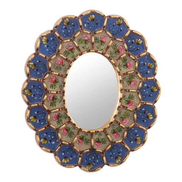 Alternate image for Oval Reverse-Painted Glass Wall Mirror Idyllic Garden in Blue