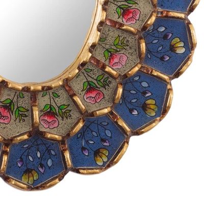 Alternate image for Oval Reverse-Painted Glass Wall Mirror Idyllic Garden in Blue