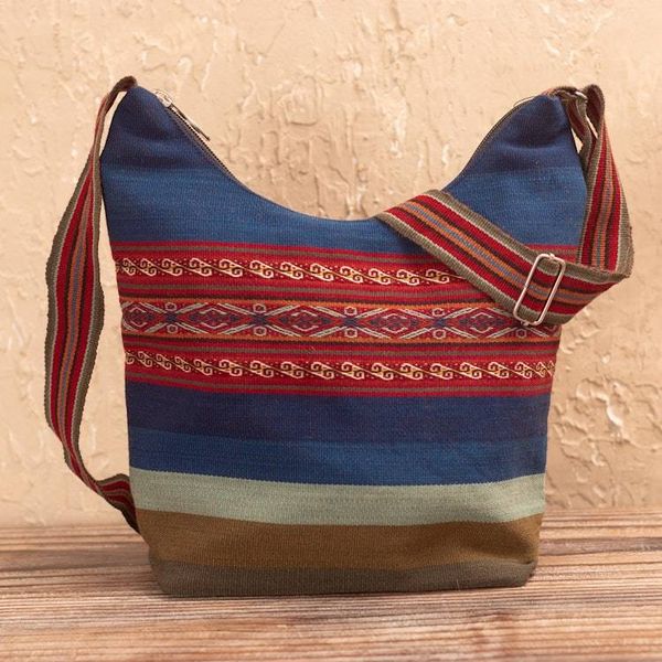 Alternate image for Backstrap Handwoven Blue and Red Alpaca Shoulder Bag Chinchero Skies