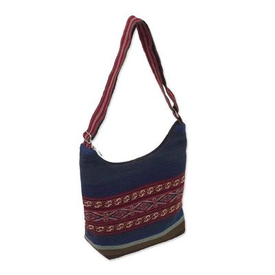Alternate image for Backstrap Handwoven Blue and Red Alpaca Shoulder Bag Chinchero Skies