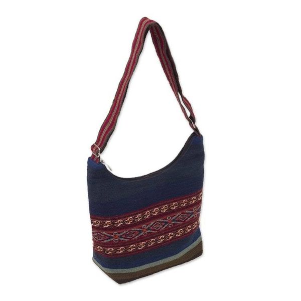 Alternate image for Backstrap Handwoven Blue and Red Alpaca Shoulder Bag Chinchero Skies