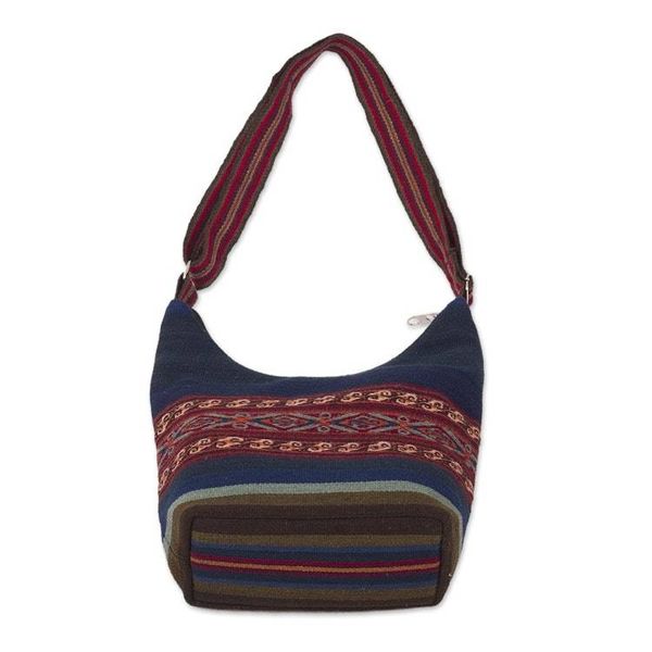 Alternate image for Backstrap Handwoven Blue and Red Alpaca Shoulder Bag Chinchero Skies