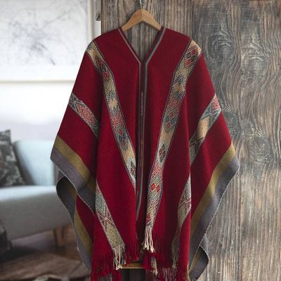 Alternate image for Backstrap Handwoven Baby Alpaca Poncho in Ruby Red Sallac Artistry