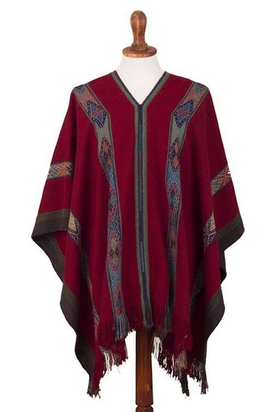 Alternate image for Backstrap Handwoven Baby Alpaca Poncho in Ruby Red Sallac Artistry