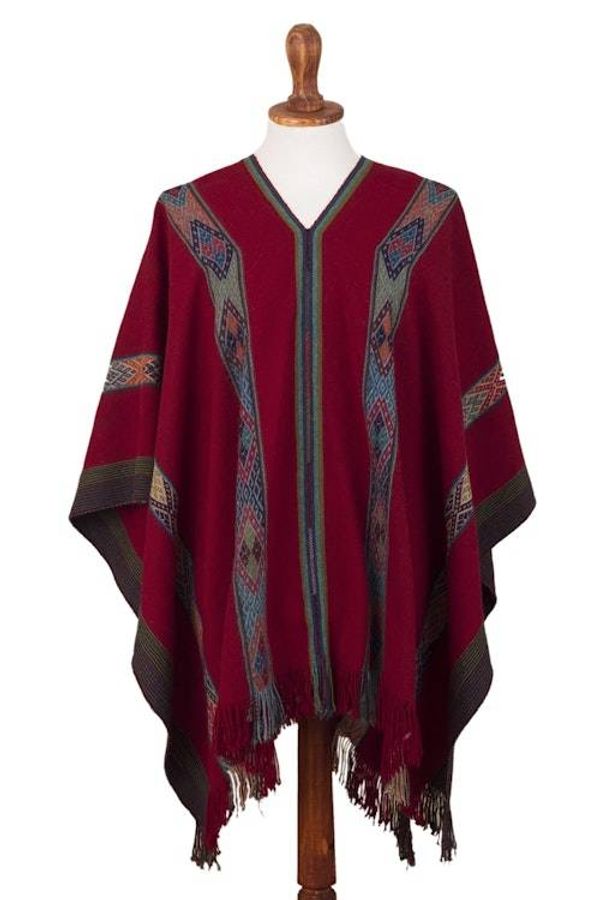 Alternate image for Backstrap Handwoven Baby Alpaca Poncho in Ruby Red Sallac Artistry