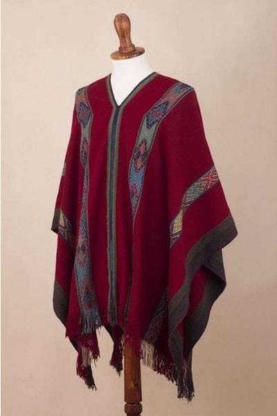 Alternate image for Backstrap Handwoven Baby Alpaca Poncho in Ruby Red Sallac Artistry