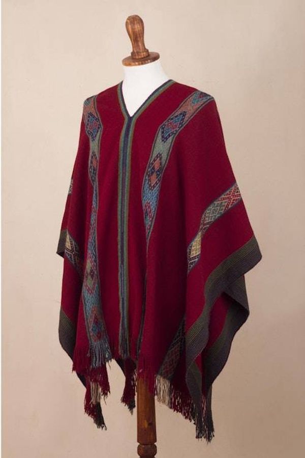 Alternate image for Backstrap Handwoven Baby Alpaca Poncho in Ruby Red Sallac Artistry