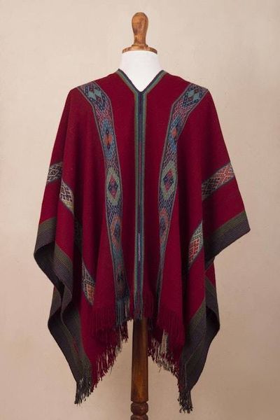 Alternate image for Backstrap Handwoven Baby Alpaca Poncho in Ruby Red Sallac Artistry