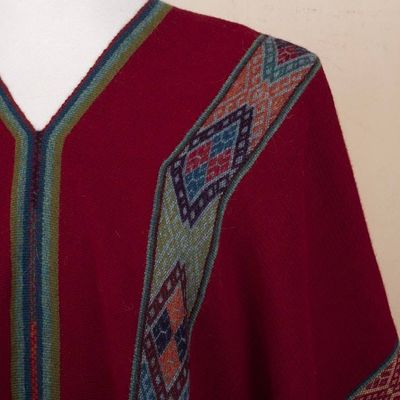 Alternate image for Backstrap Handwoven Baby Alpaca Poncho in Ruby Red Sallac Artistry