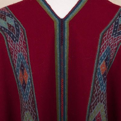 Alternate image for Backstrap Handwoven Baby Alpaca Poncho in Ruby Red Sallac Artistry