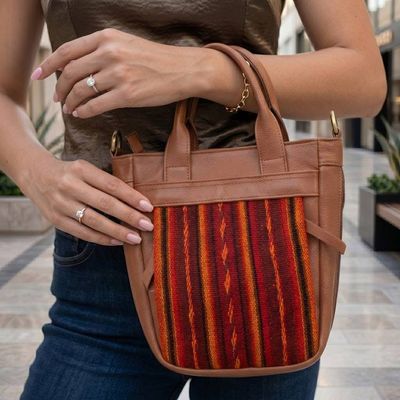Alternate image for Textile-Accented Adjustable Espresso Brown Leather Sling Bag Andean Echoes