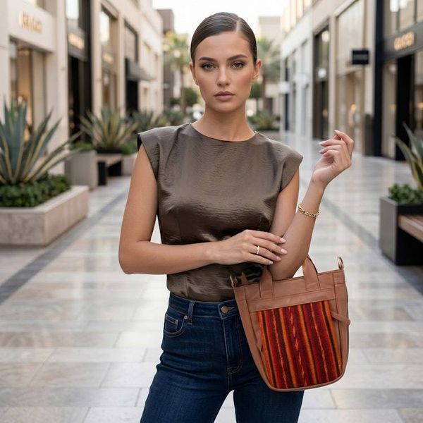 Alternate image for Textile-Accented Adjustable Espresso Brown Leather Sling Bag Andean Echoes