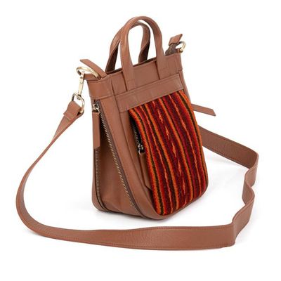 Alternate image for Textile-Accented Adjustable Espresso Brown Leather Sling Bag Andean Echoes