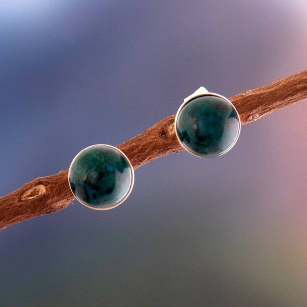 Blue-Green Chrysocolla Stud Earrings in Sterling Silver 'Amazon Colors'