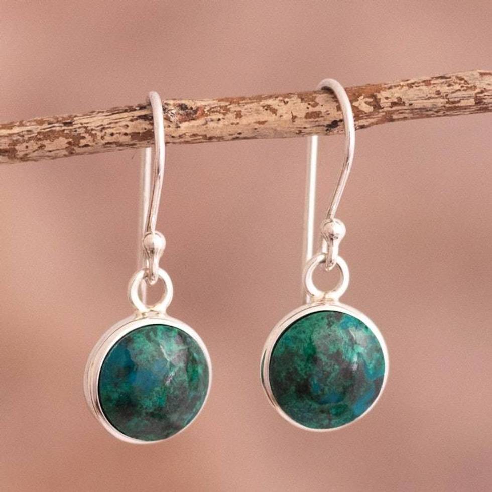 Blue-Green Chrysocolla Dangle Earrings in Sterling Silver 'Blue Green World'
