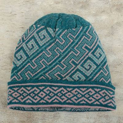 Alternate image for Turquoise 100 Baby Alpaca Unisex Hat Knitted in Peru Andean Inspiration