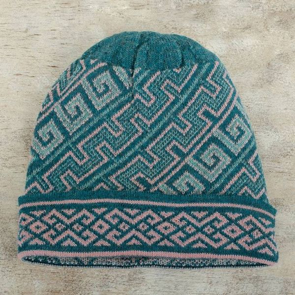 Alternate image for Turquoise 100 Baby Alpaca Unisex Hat Knitted in Peru Andean Inspiration