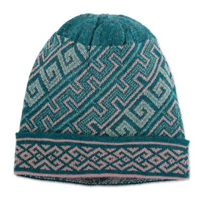Alternate image for Turquoise 100 Baby Alpaca Unisex Hat Knitted in Peru Andean Inspiration