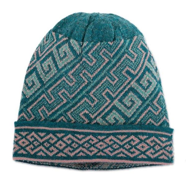 Alternate image for Turquoise 100 Baby Alpaca Unisex Hat Knitted in Peru Andean Inspiration
