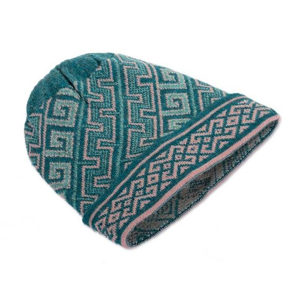 Alternate image for Turquoise 100 Baby Alpaca Unisex Hat Knitted in Peru Andean Inspiration