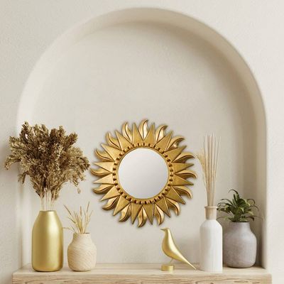 Alternate image for Round Wood and Bronze Leaf Sun Wall Mirror Sun Center
