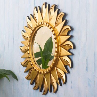 Alternate image for Round Wood and Bronze Leaf Sun Wall Mirror Sun Center