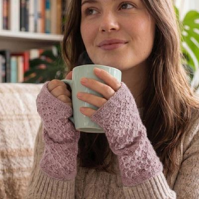 Alternate image for Knit 100 Baby Alpaca Fingerless Mitts in Petal Pink Gossamer in Petal Pink