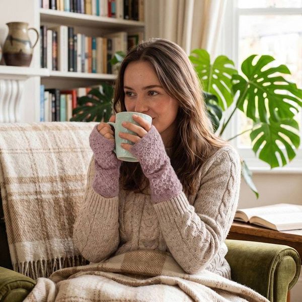 Alternate image for Knit 100 Baby Alpaca Fingerless Mitts in Petal Pink Gossamer in Petal Pink