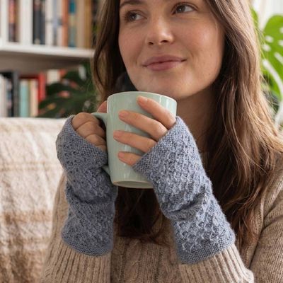Alternate image for Blue Fingerless Mitts Knit with Soft 100 Baby Alpaca Yarns Gossamer in Steel Blue
