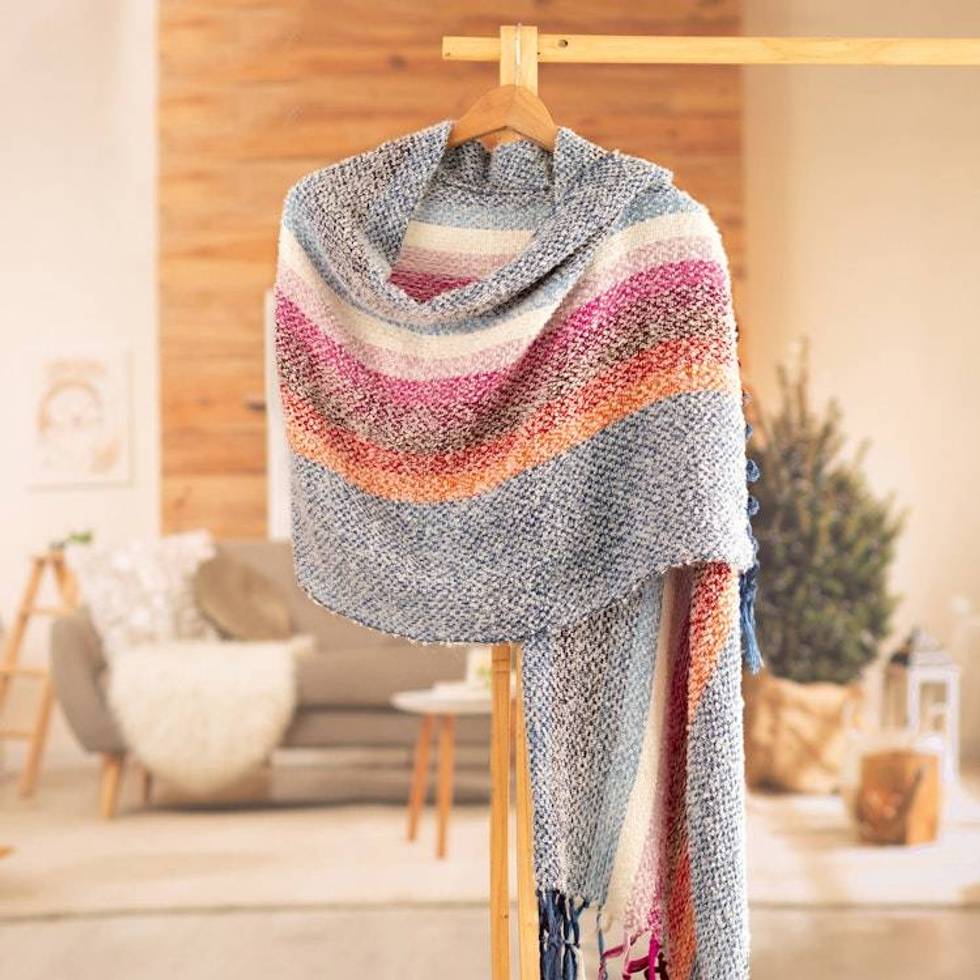 Handwoven Striped Fringed Alpaca Blend Shawl in Azure 'Clouds on the Horizon'