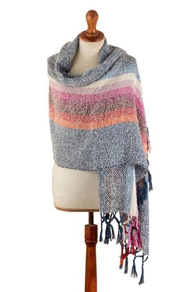 Alternate image for Handwoven Striped Fringed Alpaca Blend Shawl in Azure Clouds on the Horizon