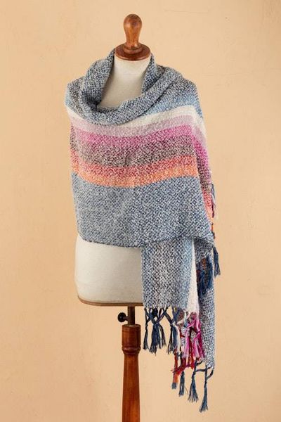 Alternate image for Handwoven Striped Fringed Alpaca Blend Shawl in Azure Clouds on the Horizon
