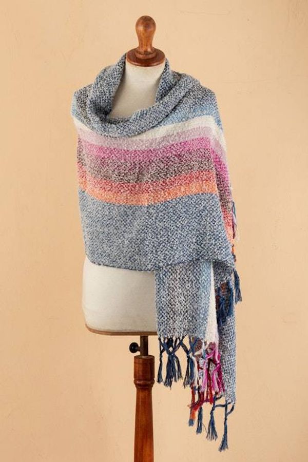Alternate image for Handwoven Striped Fringed Alpaca Blend Shawl in Azure Clouds on the Horizon