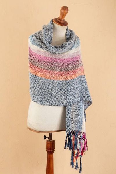 Alternate image for Handwoven Striped Fringed Alpaca Blend Shawl in Azure Clouds on the Horizon