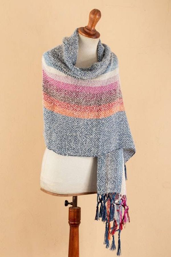 Alternate image for Handwoven Striped Fringed Alpaca Blend Shawl in Azure Clouds on the Horizon